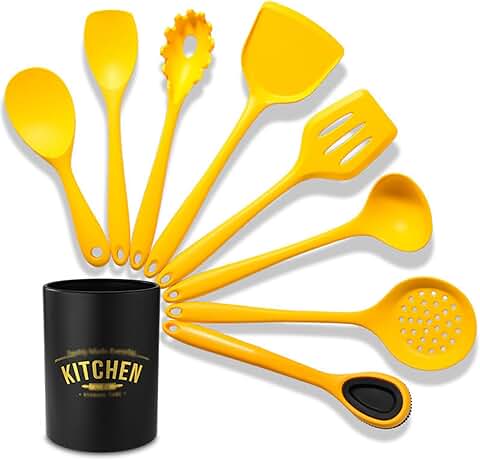 Yellow 9-Piece Silicone Kitchen Utensil Set with Storage Bucket