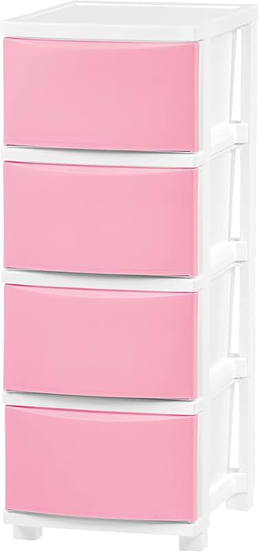 Slim 4-Drawer Plastic Storage Organizer in White and Pink