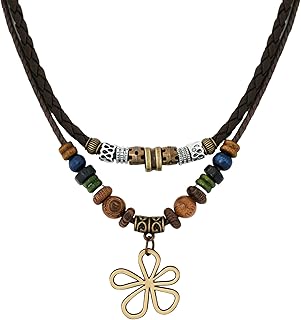 Layered Boho Wood Bead Choker with Flower Charm