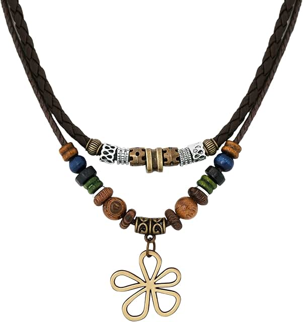 Layered Boho Wood Bead Choker with Flower Charm
