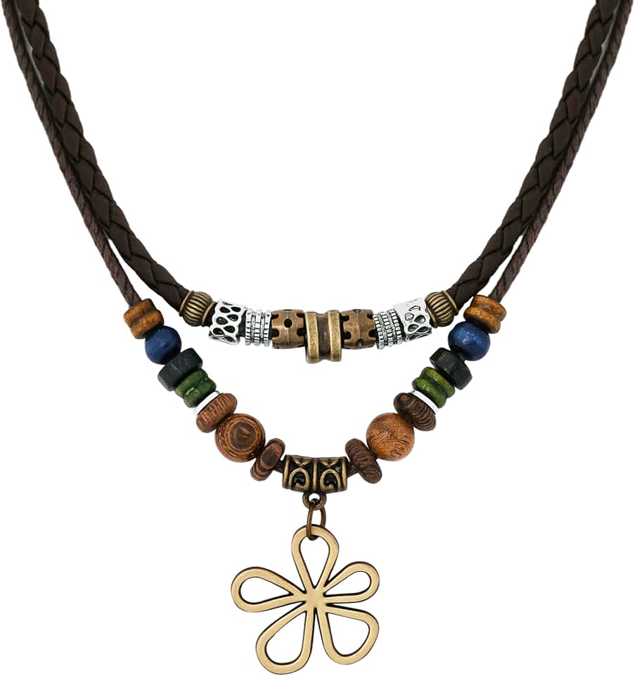 Layered Boho Wood Bead Choker with Flower Charm
