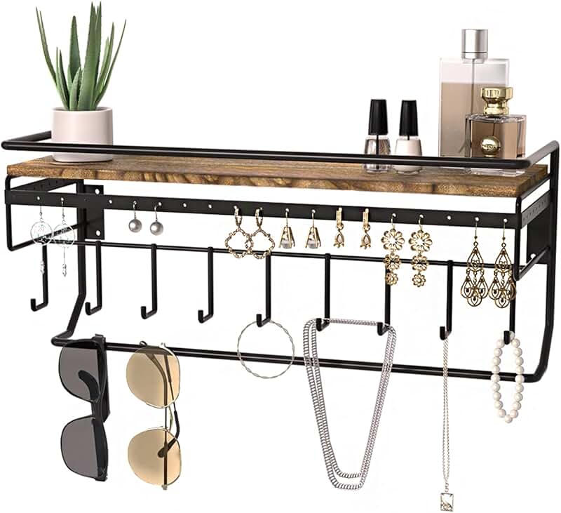 Hanging Jewelry Organizer with 9 Hooks and Wood Shelf