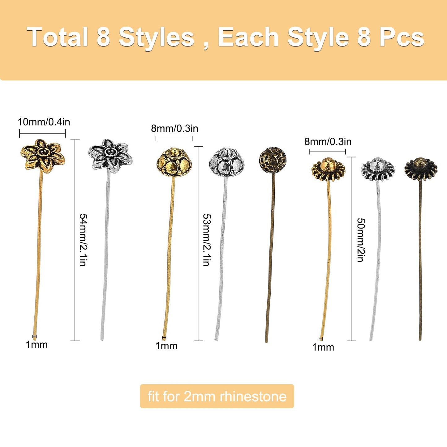 Set of 64 flower head pins for DIY jewelry making