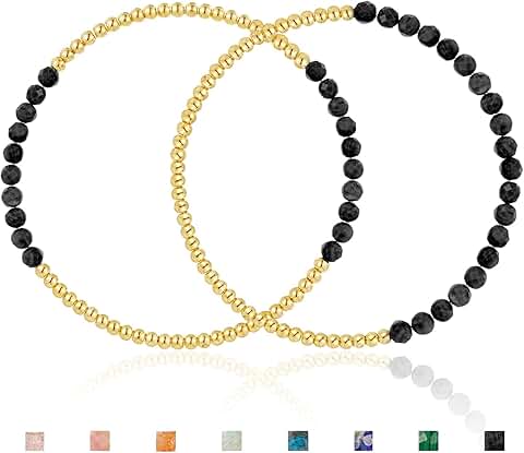 Gold Beaded Stretch Bracelets for Women, 2 Pairs