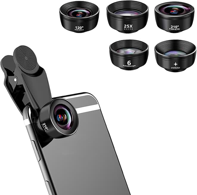5-in-1 Smartphone Lens Kit with Wide, Fisheye, Macro, Starburst, and Kaleidoscope