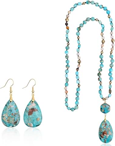 Vintage Turquoise Jewelry Set for Women with Beaded Necklace and Water Drop Earrings
