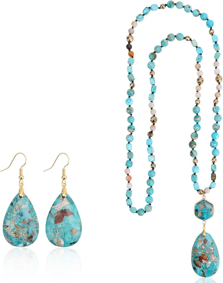 Vintage Turquoise Jewelry Set for Women with Beaded Necklace and Water Drop Earrings