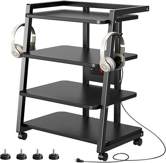 4-Tier Mobile AV Media Stand with Outlets and Wheels
