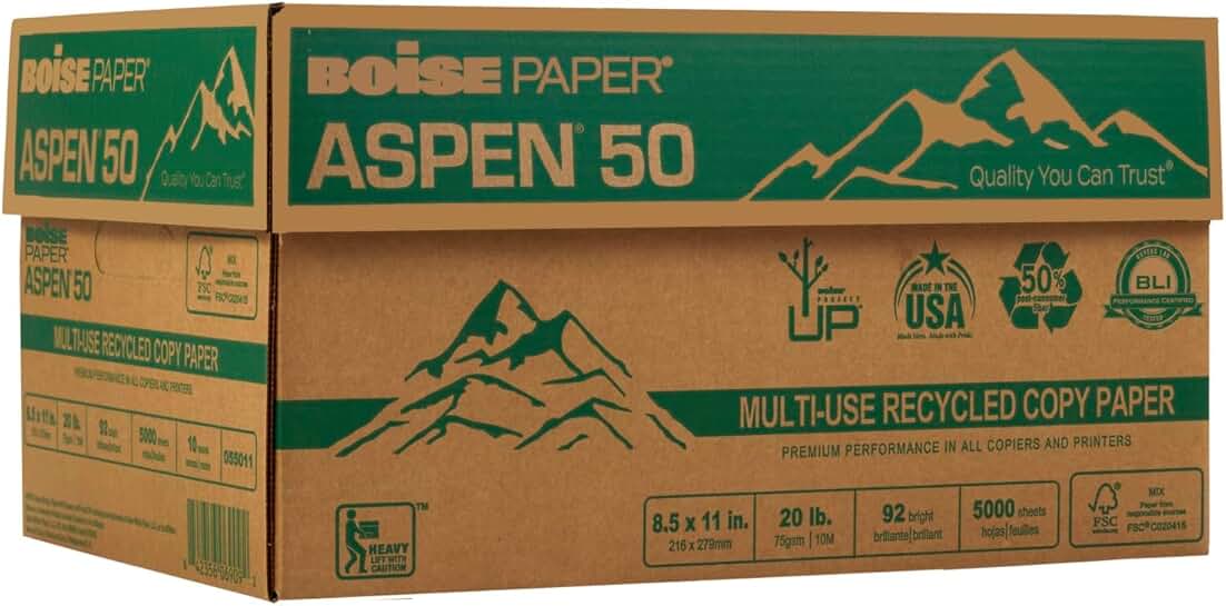 Aspen 50% Recycled Office Paper, 92 Bright, 20lb, 8.5x11, White, 5000 Sheets