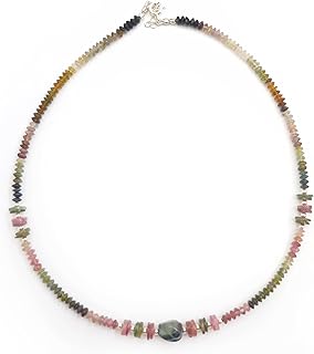 Handmade Watermelon Tourmaline Beads Necklace in Silver