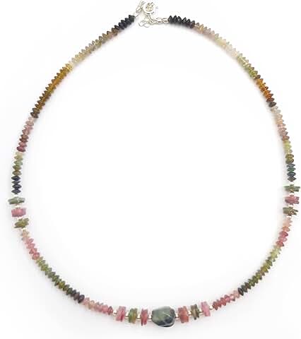 Handmade Watermelon Tourmaline Beads Necklace in Silver