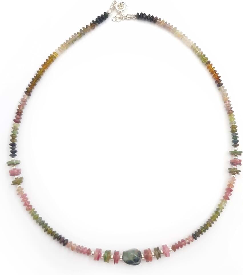 Handmade Watermelon Tourmaline Beads Necklace in Silver
