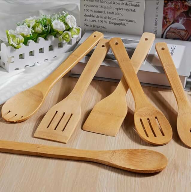 Six-piece bamboo cooking utensil set with spatulas, spoons, and turner