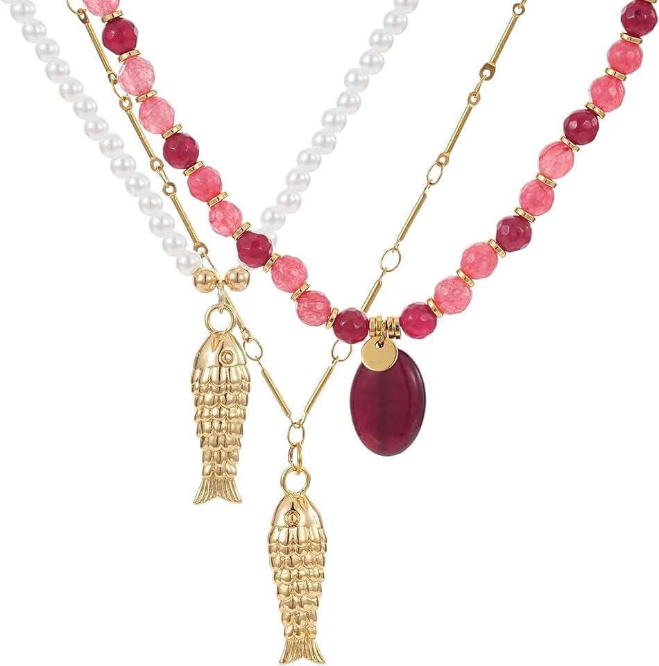 Three Fish Charm Beaded Necklace with Pearls