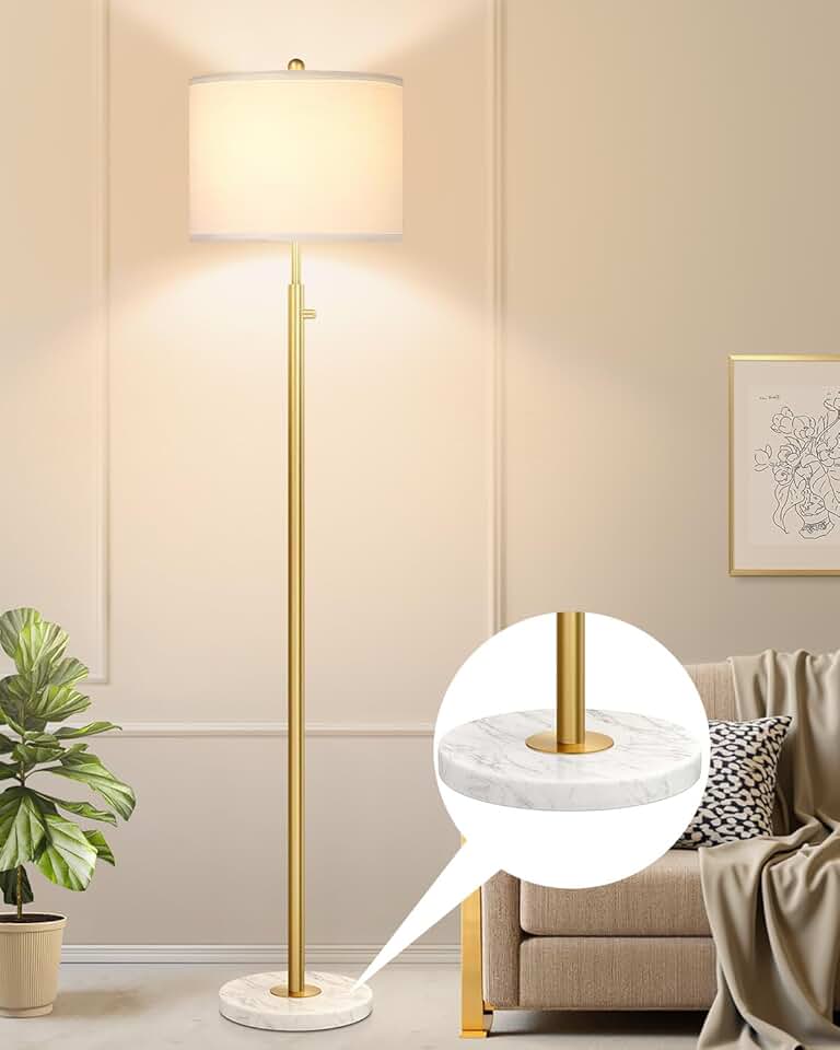 Dimmable Gold Floor Lamp with Marble Base and Linen Shade
