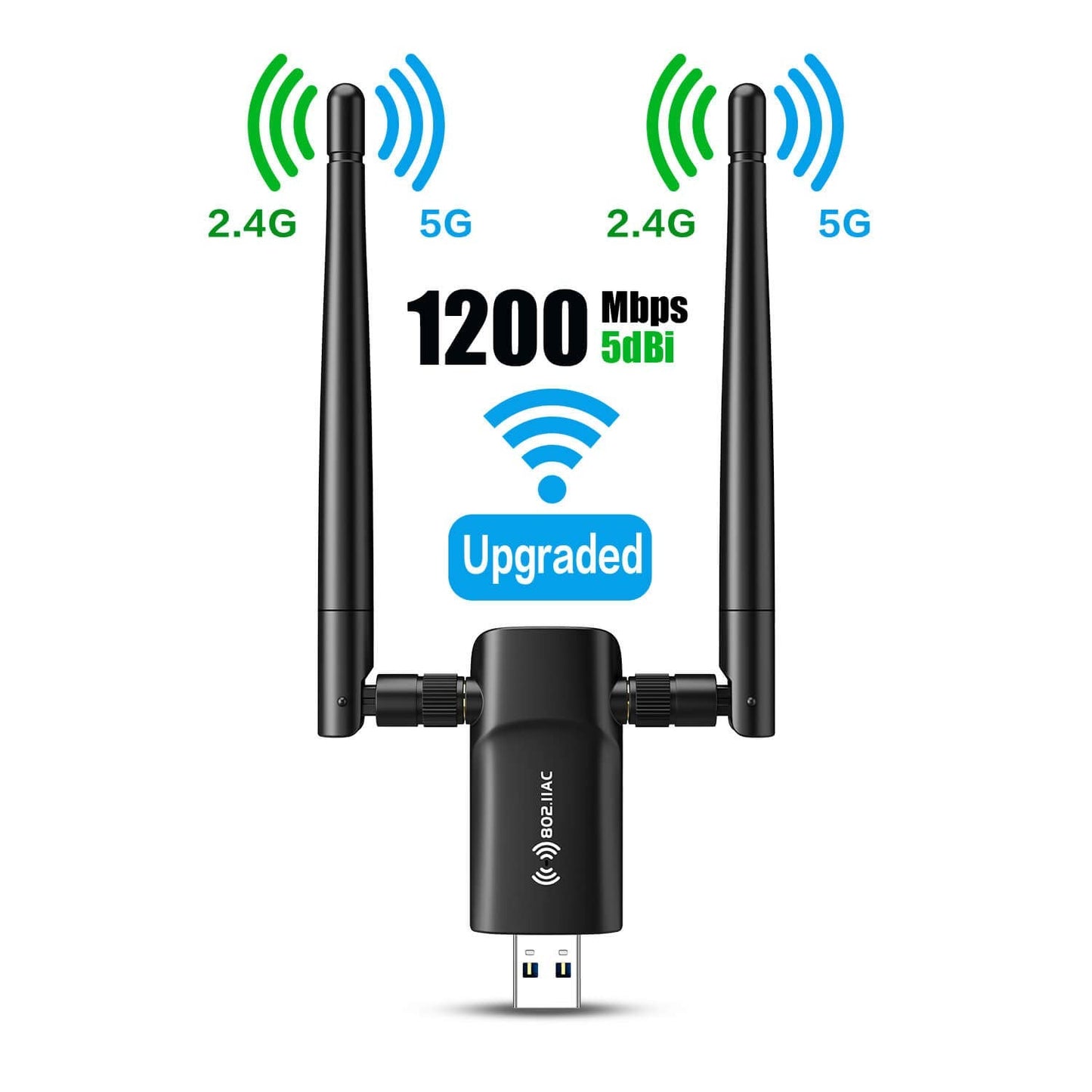 Wireless USB WiFi Adapter for PC - 1200Mbps Dual 5Dbi Antennas 5G/2.4G WiFi Adapter for Desktop PC Laptop Windows11/10/8/8.1/7/Vista/XP, Wireless Adapter for Desktop Computer Network Adapters