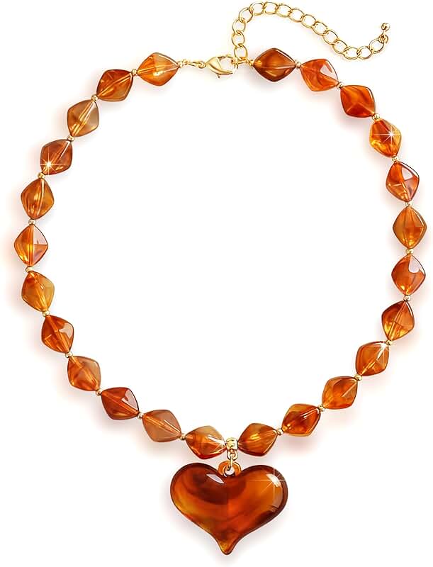 Brown Acrylic Puffy Heart Pendant Necklace