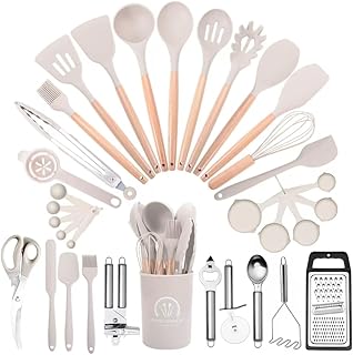 34-Piece Silicone Kitchen Utensils Set with Wood Handles