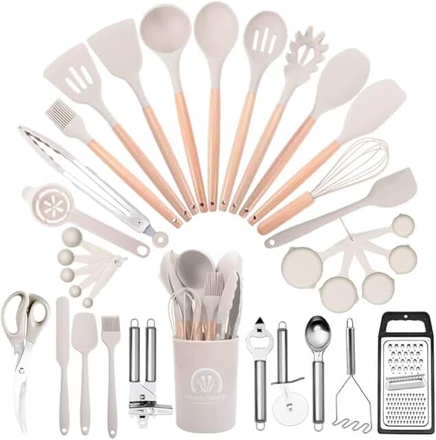 34-Piece Silicone Kitchen Utensils Set with Wood Handles