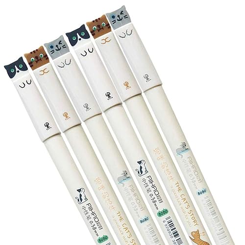 Colorful Cats Gel Pens, 0.38mm, Black Ink, Pack of 6