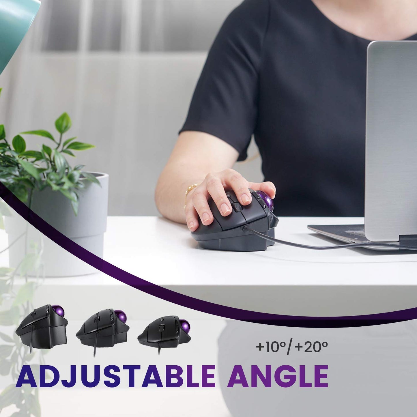 PERIMICE-520 Wired USB Ergonomic Programmable Trackball Mouse, Adjustable Angle, 8 Button Design, Black (PM-520-11447)
