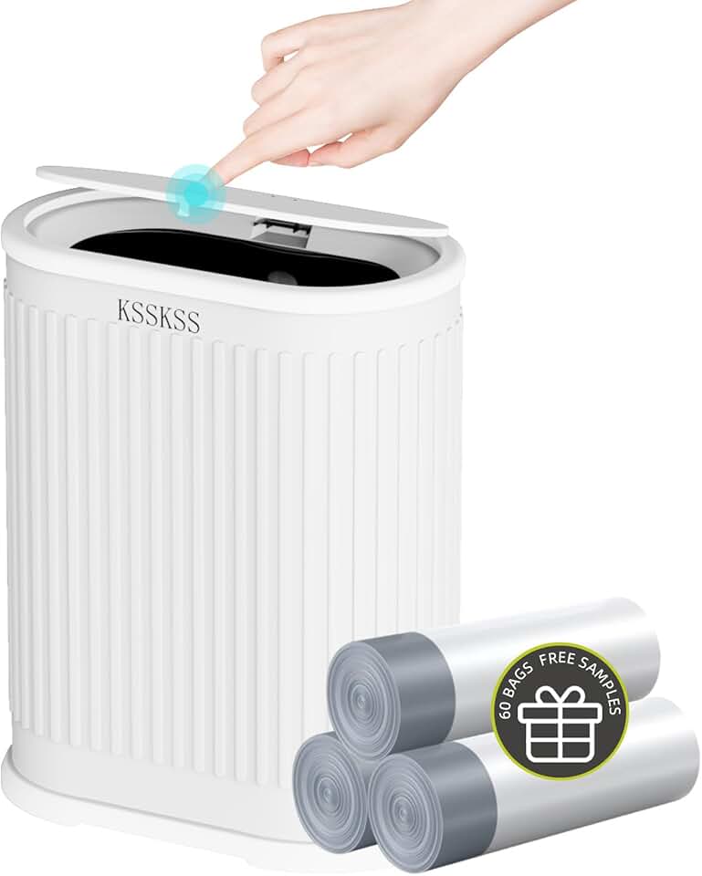 Small white bathroom trash can with lid
