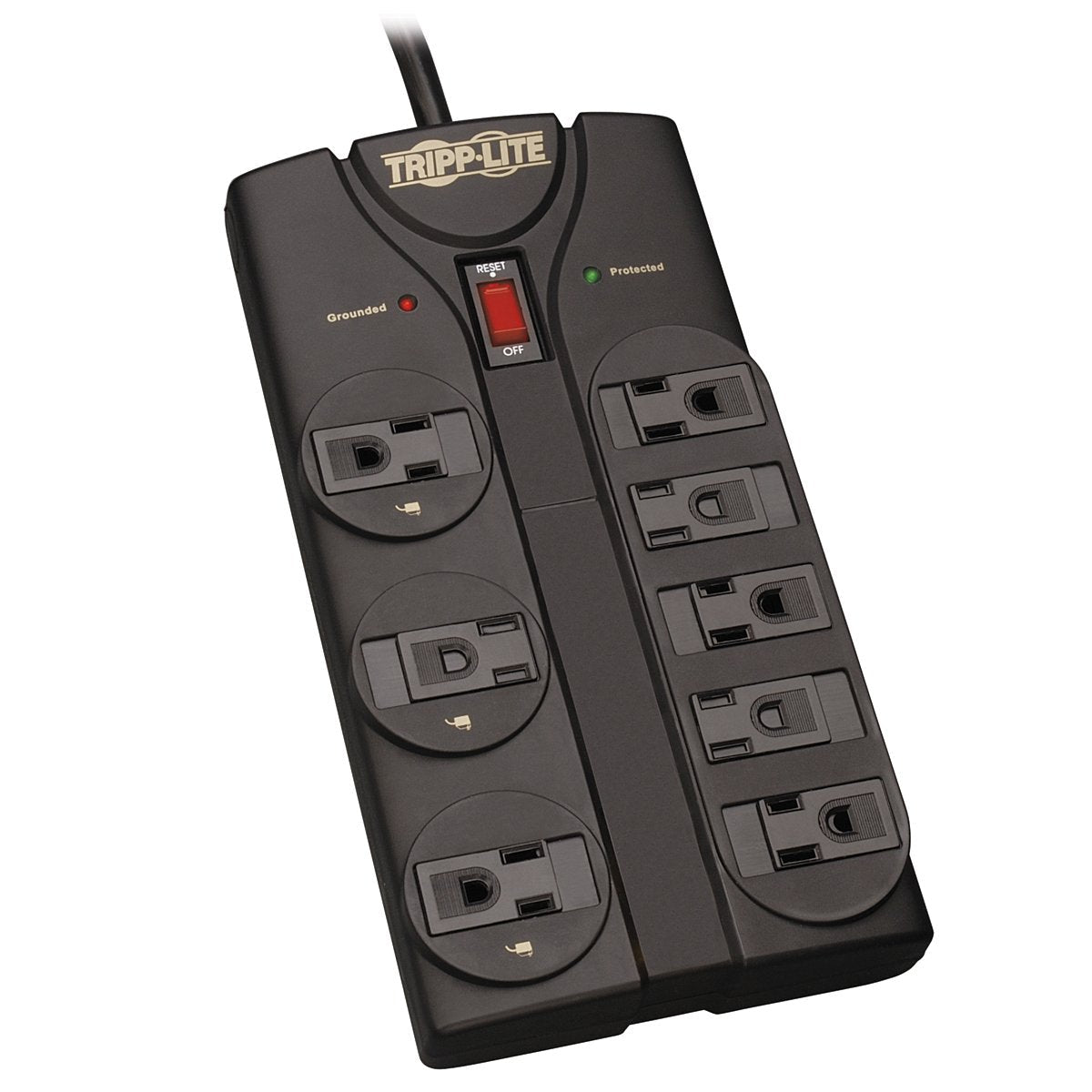 TLP808B 8 Outlet Surge Protector Power Strip, 8ft Cord Right Angle Plug, Black, Lifetime Insurance