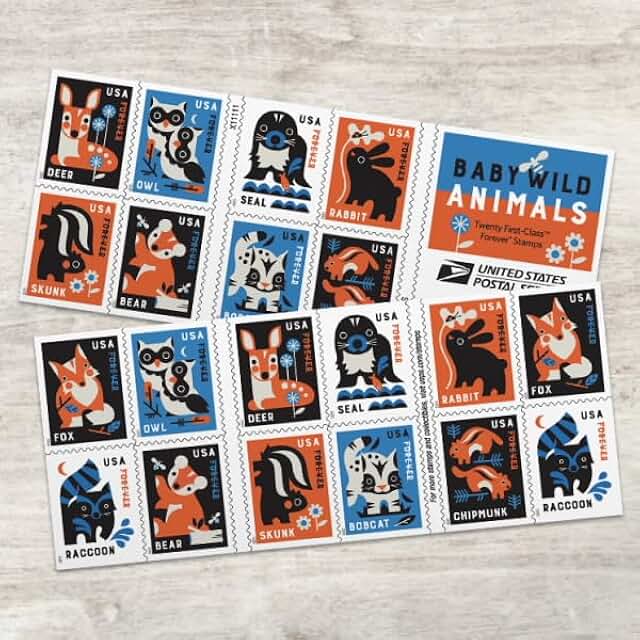 Baby Wild Animals Book of 20 Postage Stamps