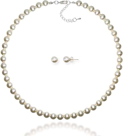 8mm Pearl Necklace and Silver Earring Set for Women