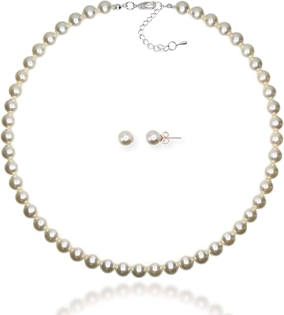 8mm Pearl Necklace and Silver Earring Set for Women