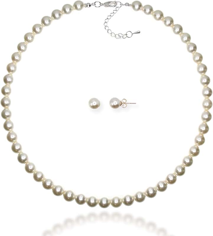 8mm Pearl Necklace and Silver Earring Set for Women