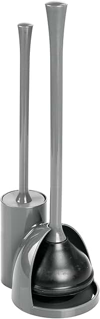 Compact Gray Toilet Brush and Plunger Set