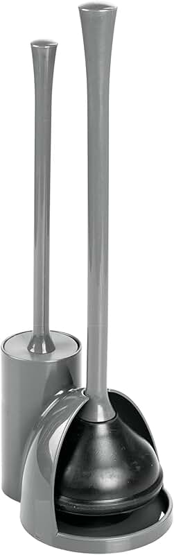 Compact Gray Toilet Brush and Plunger Set