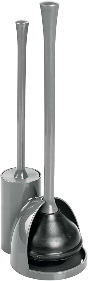 Compact Gray Toilet Brush and Plunger Set