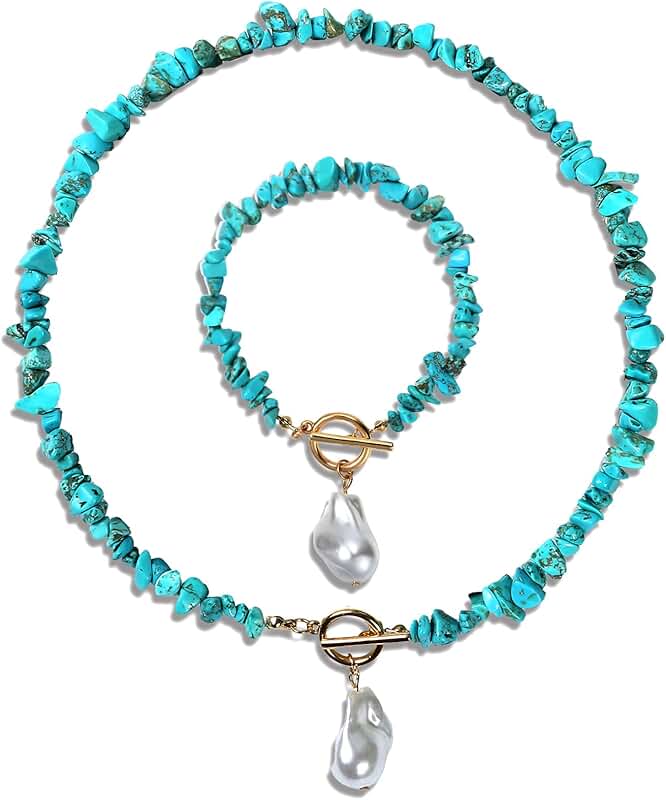 Chunky Turquoise Necklace and Bracelet Set for Women