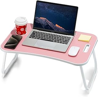 Foldable Pink Laptop Bed Desk with Cup Holder and Tablet Slot