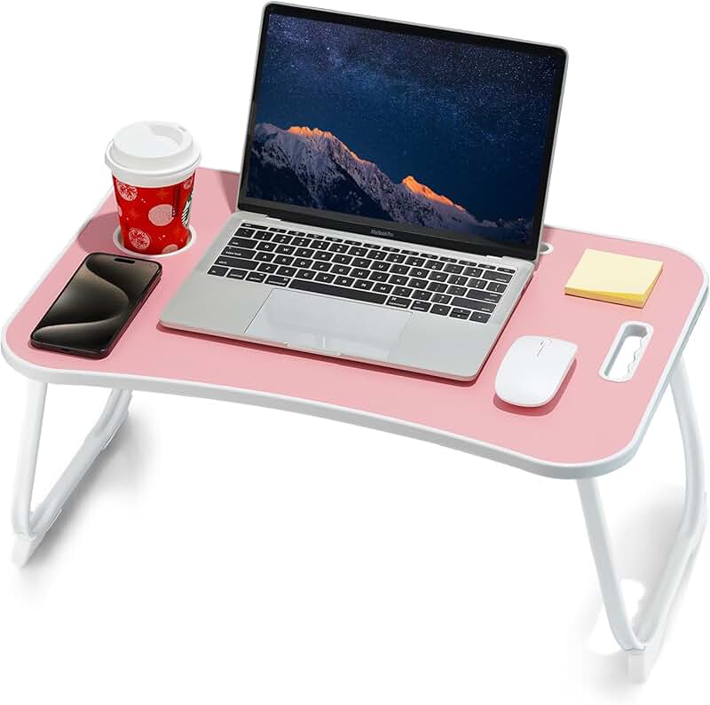Foldable Pink Laptop Bed Desk with Cup Holder and Tablet Slot