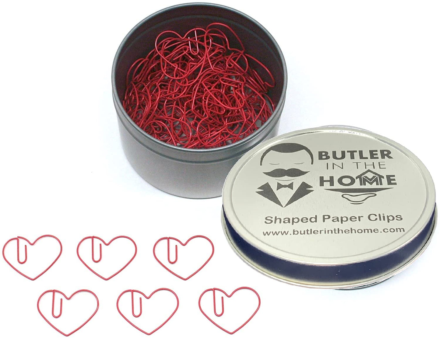 Heart-Shaped Paper Clips in Tin, 100 Red Clips