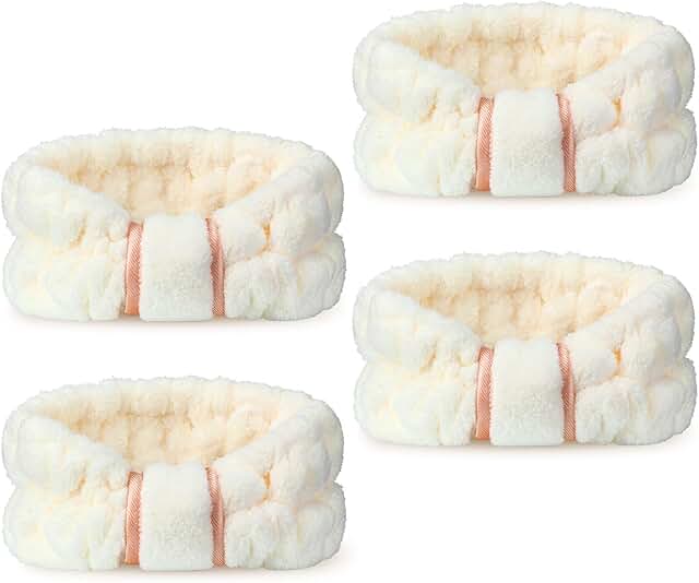 Set of four beige microfiber facial headbands for women and girls