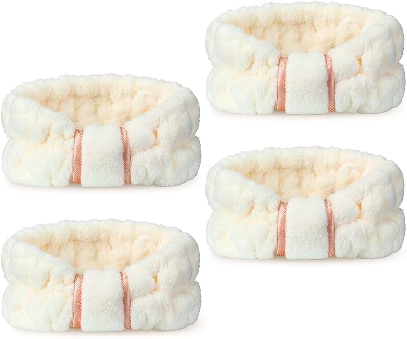 Set of four beige microfiber facial headbands for women and girls