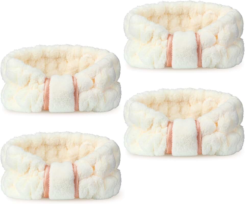 Set of four beige microfiber facial headbands for women and girls
