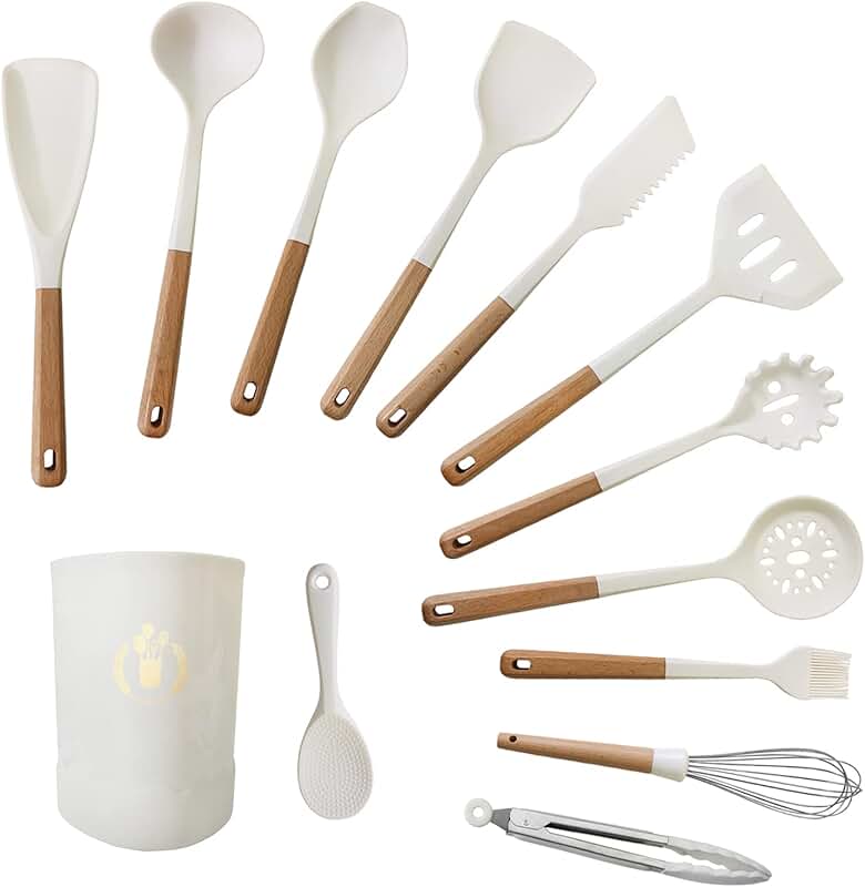 Set of 7 stainless steel kitchen utensils with holder