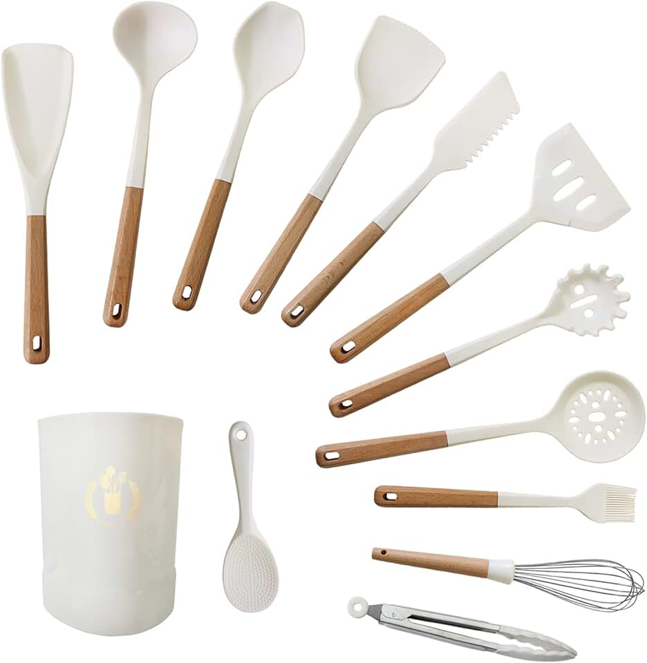 13-Piece Wooden Handle Kitchen Utensil Set with Storage Barrel