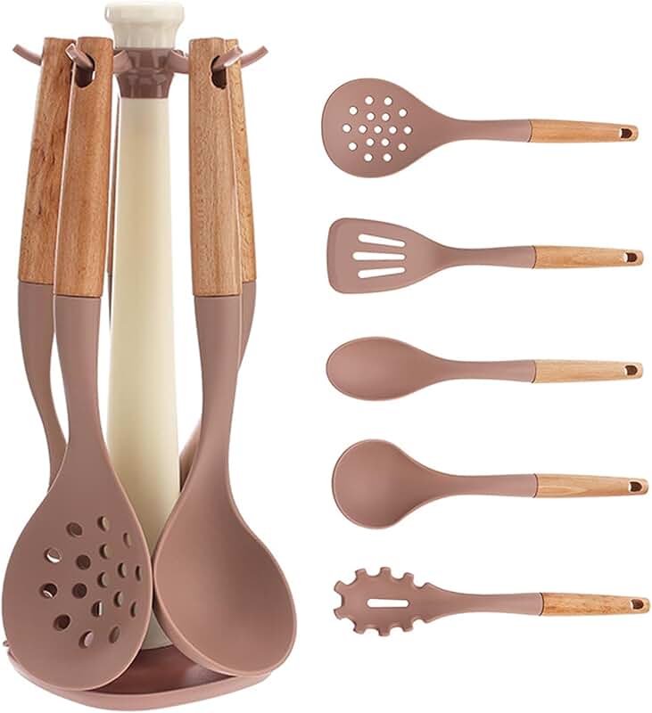6-Piece Silicone Kitchen Utensil Set with Wooden Handles