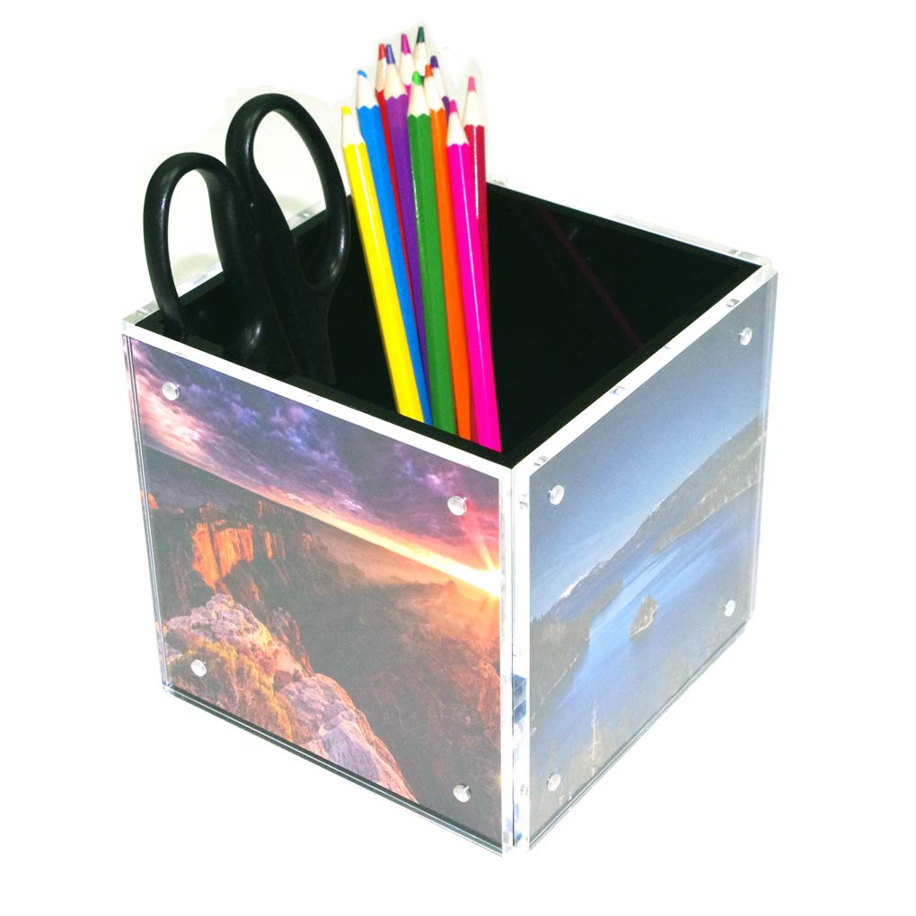 Acrylic Photo Block Cube with Pen Holder and Storage