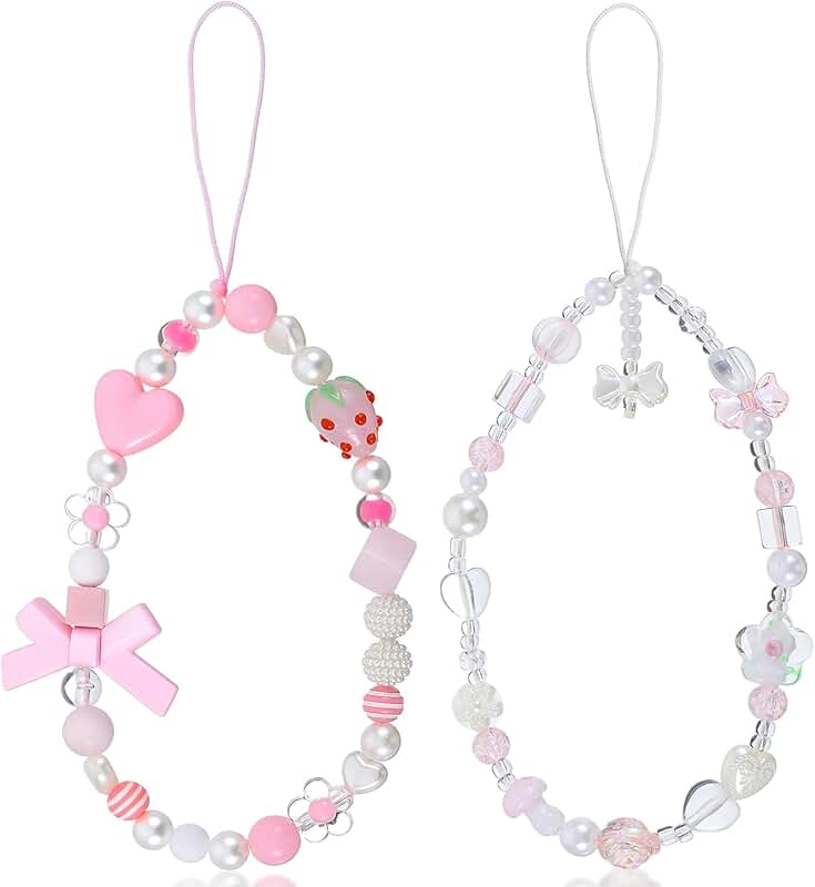 Set of two cute beaded camera wrist straps with strawberries and bows