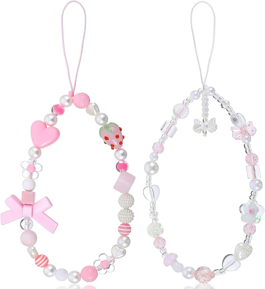 Set of two cute beaded camera wrist straps with strawberries and bows