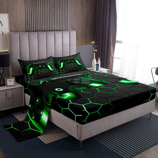 Game Bed Sheets for Boys,Gaming Sheet Set Full,Kids Gamer Flat Sheet Neon Lights Gamepad Fitted Sheet for Teen Men Bedroom,Geometry Honeycomb Hexagon Bedding Sheets  Pillowcases Sets,Green Grey