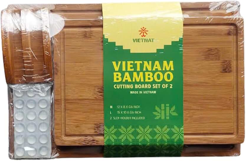 Set of three durable bamboo cutting boards with holder