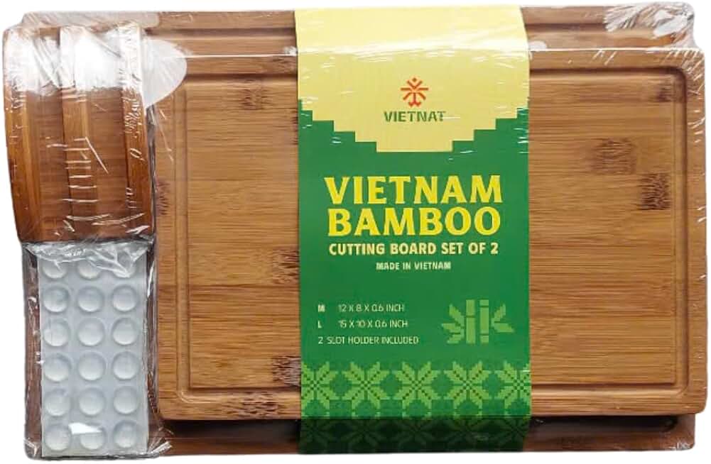 Set of three durable bamboo cutting boards with holder